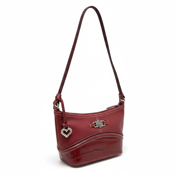 Brighton Red Pebbled Leather Shoulder Bag Heart Charm Croc Embossed - Picture 3 of 8